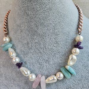 Sabika Pearl and Turquoise Rose Quartz Amethyst Stone Necklace